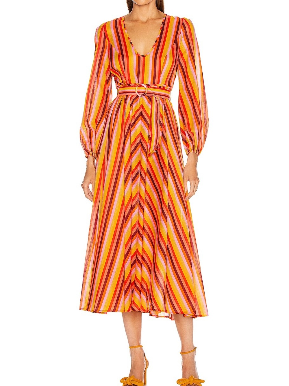 Zimmermann Goldie Rainbow Stripe Plunge Dress Belted 100% Cotton Multicolor S